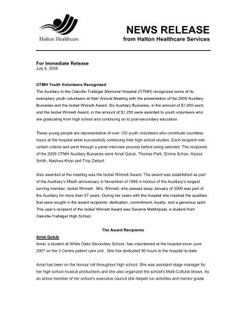 NEWS RELEASE - Halton Healthcare Services