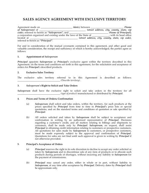 Sales Agency Agreement With Exclusive Territory MegaDox