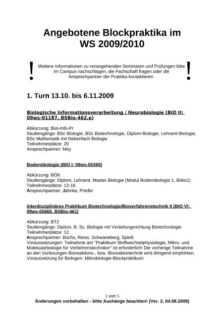 Angebotene Blockpraktika im SS 2006 - Fachschaft Biologie an der ...