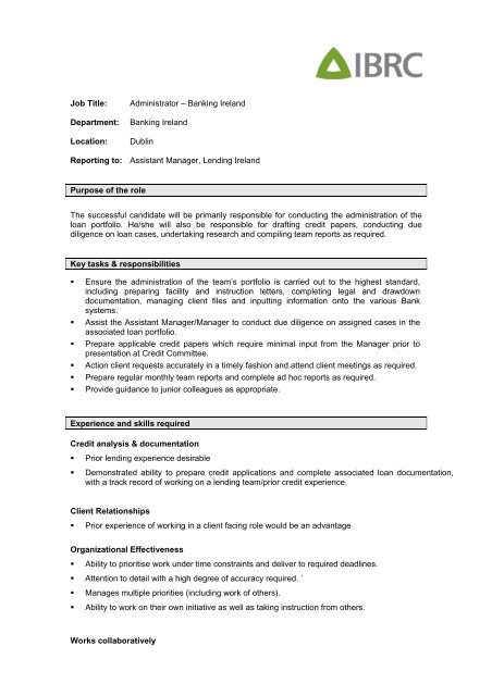 role description - Irish Bank Resolution Corporation Limited (in ...