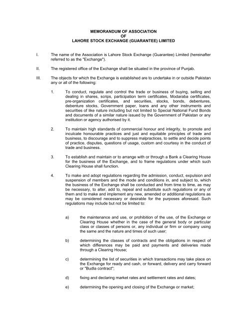 MEMORANDUM OF ASSOCIATION OF LAHORE STOCK EXCHANGE