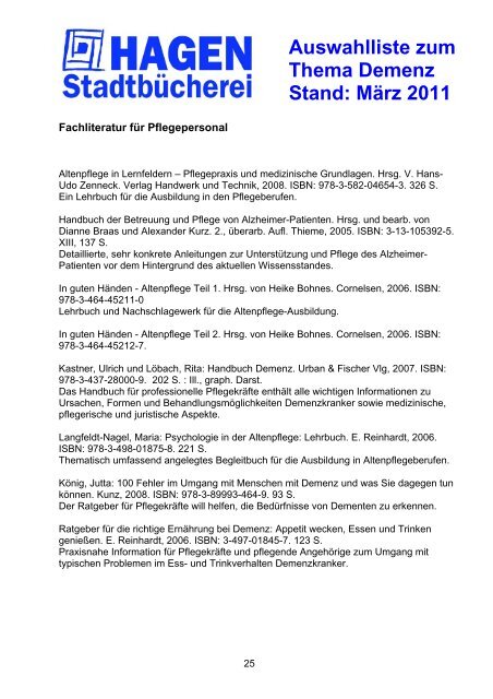 Auswahlliste zum Thema Demenz Stand: März 2011 - Hagen