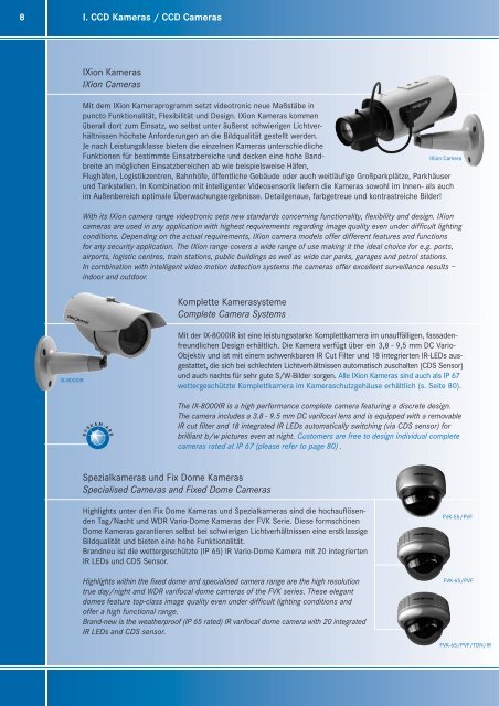 8 I. CCD Kameras / CCD Cameras Spezialkameras und Fix Dome