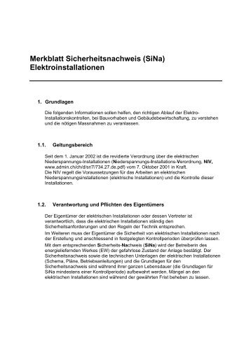 Merkblatt Sicherheitsnachweis (SiNa) Elektroinstallationen