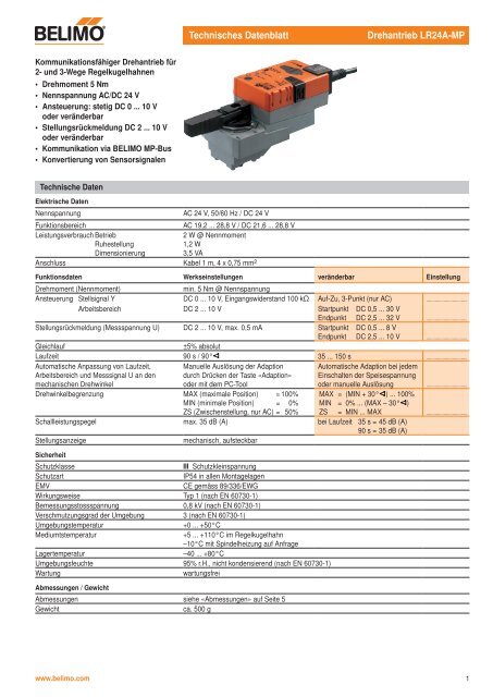 Technisches Datenblatt Drehantrieb LR24A-MP - Belimo