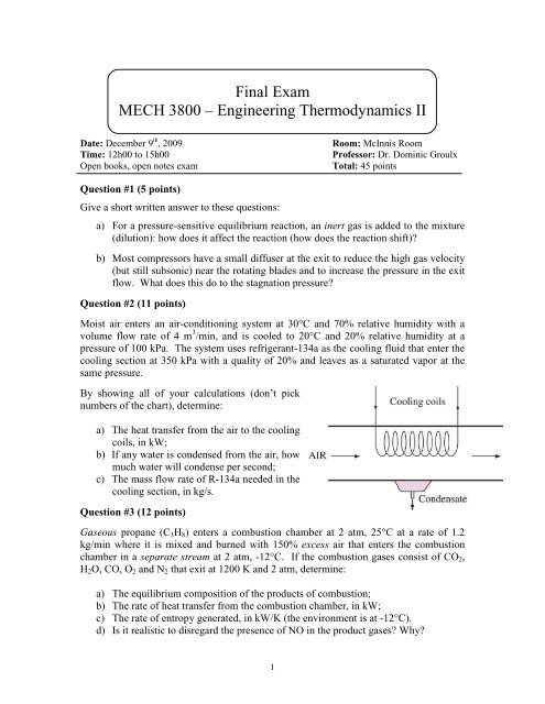 Final Exam MECH 3800 â Engineering Thermodynamics II