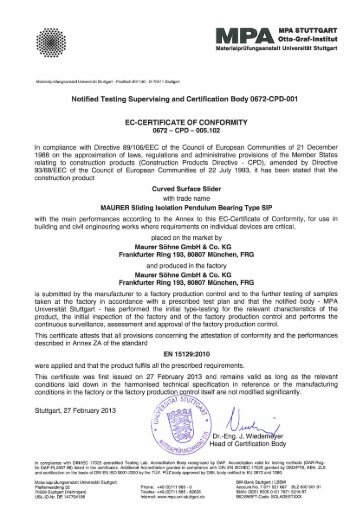 EC Certificate 005.102 MPA Sliding Isolation Pendulum Bearing Typ ...