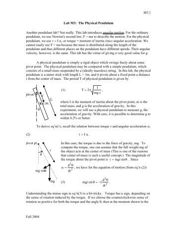 lab 1 pendulum Torsional pendulum ravitej uppu 1 introduction a torsional pendulum , or torsional oscillator, consists of a disk-like mass suspended from a thin rod. lab 1 pendulum Torsional pendulum ravitej uppu 1 introduction a torsional pendulum , or torsional oscillator, consists of a disk-like mass suspended from a thin rod.