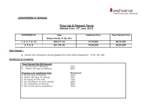 Price List & Payment Terms - Ashiana Housing