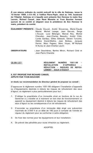 une sance ordinaire du comit excutif de la Ville de Gatineau, tenue le