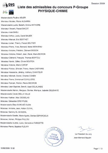 Liste des admissibles du concours P-Groupe PHYSIQUE-CHIMIE