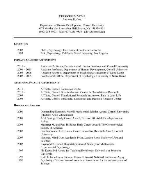 Cv Example Cornell CURRICULUM VITAE - Cornell University