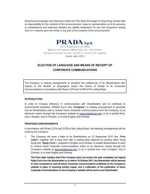 ELECTION OF LANGUAGE AND MEANS OF ... - Prada Group