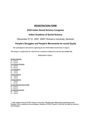 REGISTRATION FORM XXXI Indian Social Science Congress Indian ...