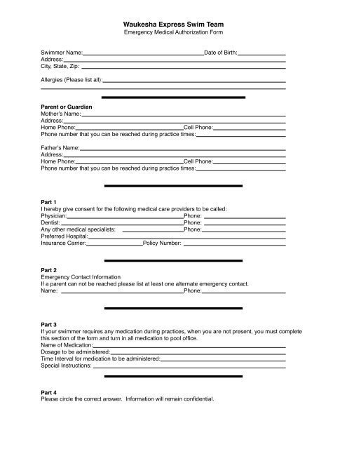 Emergency Medical Authorization Form - Waukesha Express Swim ...