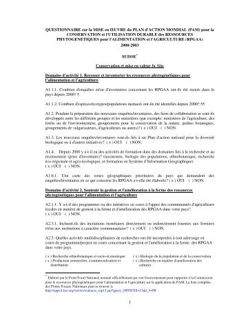 QUESTIONNAIRE sur la MISE en ŒUVRE du PLAN d ... - FAO