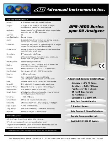 GPR-1600 Series ppm O2 Analyzer - Advanced Instruments Inc.