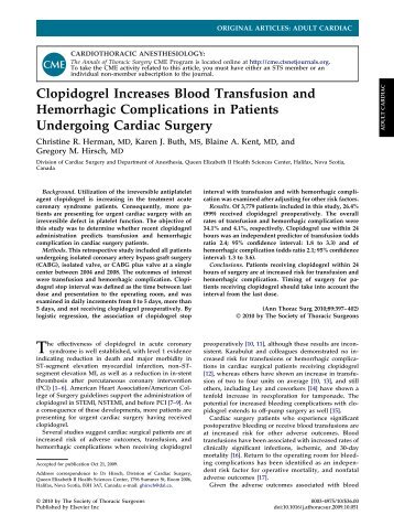Clopidogrel Increases Blood Transfusion and Hemorrhagic ...