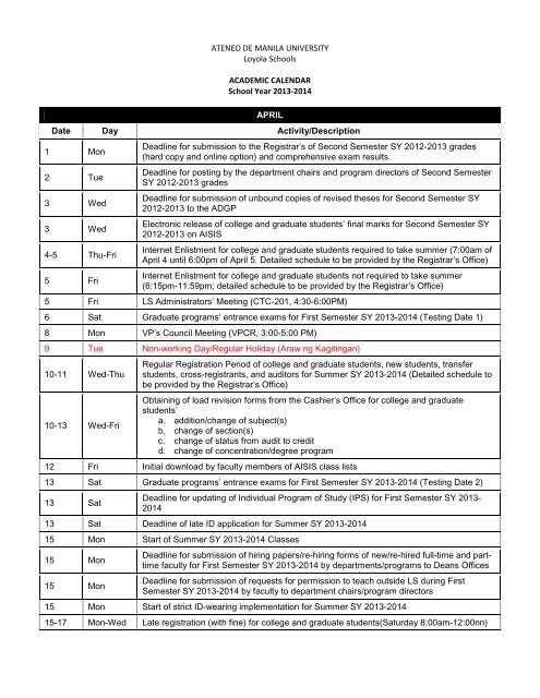 SY 2013-2014 Academic Calendar - Ateneo de Manila University