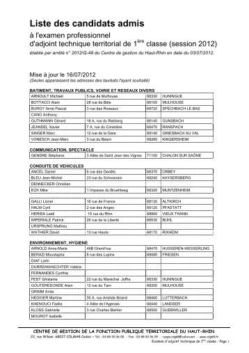 Liste des candidats admis Ã  l'examen professionnel d ... - Cdg68.fr