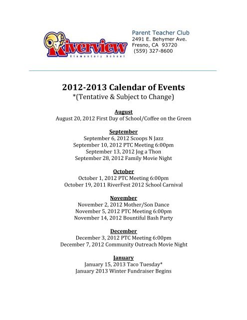 12 13 Calendar Of Events Riverview Elementary School