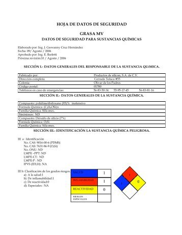 HOJA DE DATOS DE SEGURIDAD GRASA MV 1 ... - Silicona.com.mx