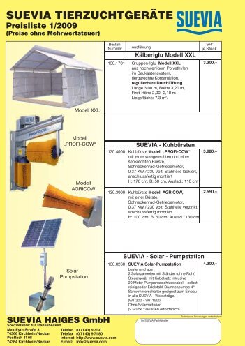SUEVIA TIERZUCHTGERÄTE Preisliste 1/2009