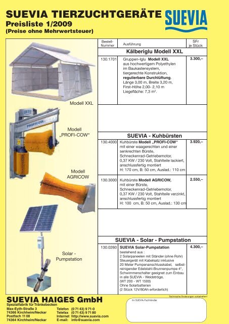SUEVIA TIERZUCHTGERÄTE Preisliste 1/2009
