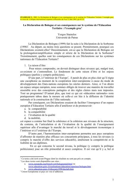 La déclaration de Bologne et ses conséquences sur le système de l ...