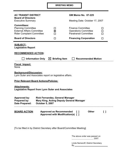 AC TRANSIT DISTRICT GM Memo No. 07-225 Board of Directors ...