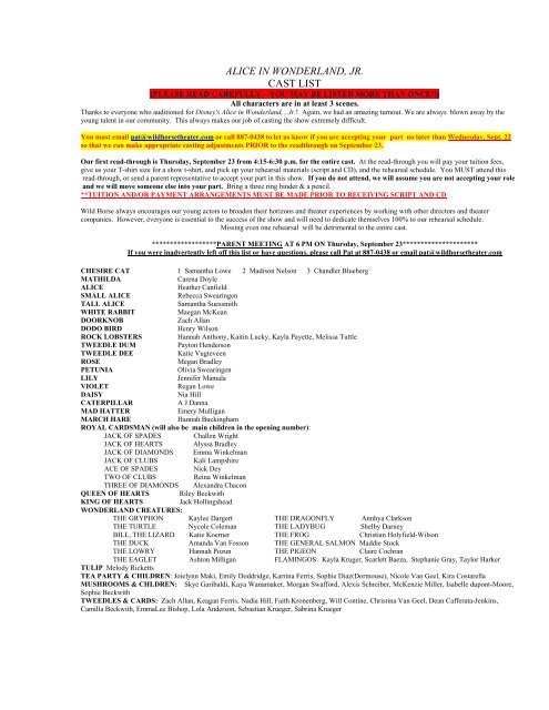 ALICE IN WONDERLAND, JR. CAST LIST Wild Horse Theater ALICE IN WONDERLAND, JR. CAST LIST Wild Horse Theater