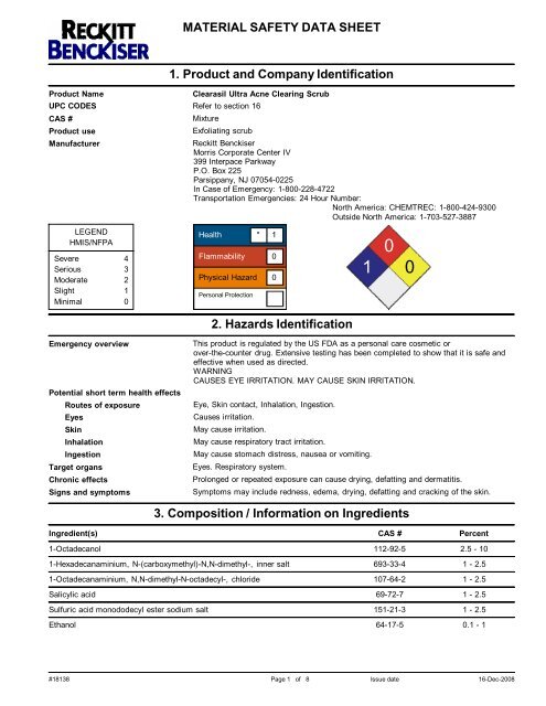 MATERIAL SAFETY DATA SHEET 1. Product ... - Reckitt Benckiser