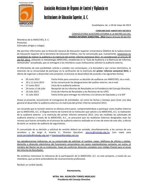 Comunicado Amocvies 04/2013 auditoria a la matrÃ­cula