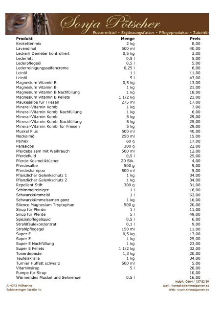 Pferdepflegeserie Produkt Menge Preis 300 g 23,00 0,5 kg 13,10 ...