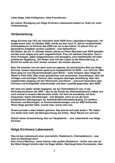 Laudatio für Helga Kirchner, gehalten von Gerda Hollunder