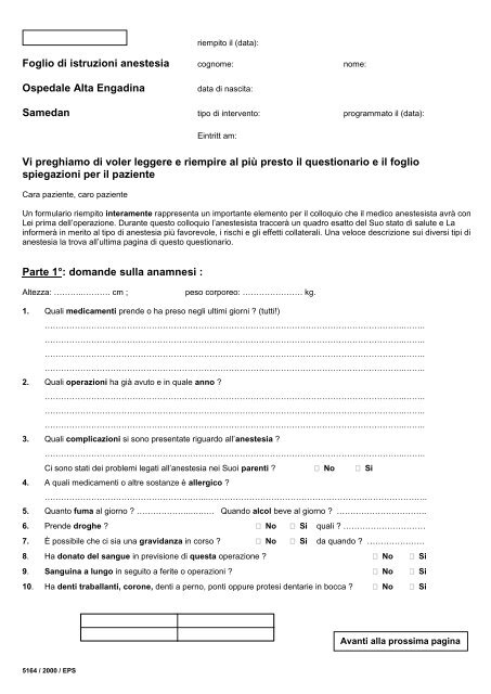 Foglio di istruzioni anestesia Ospedale Alta Engadina Samedan Vi ...