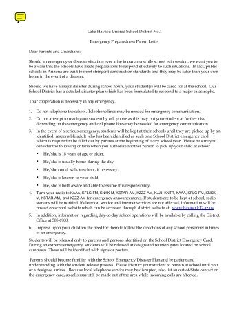 Emergency Preparedness Parent Letter - Lake Havasu Unified ...