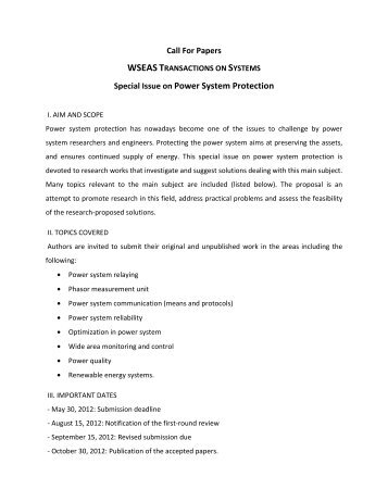 Special Issue on Power System Protection - WSEAS