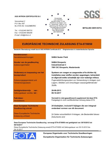 EUROPÃISCHE TECHNISCHE ZULASSUNG ETA-07/0050 - Saba