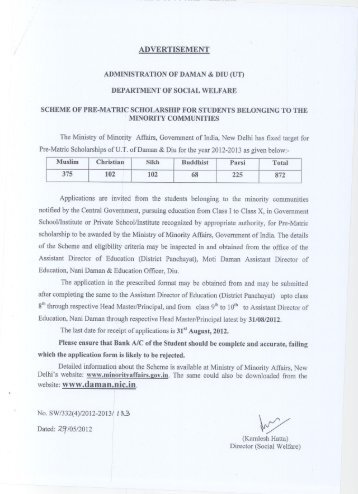 Advertisement Regarding Pre-Matric Scholarship - 2012 - Daman