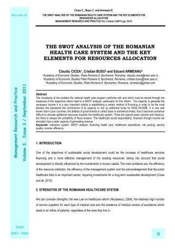 the swot analysis of the romanian health care system - Management ...
