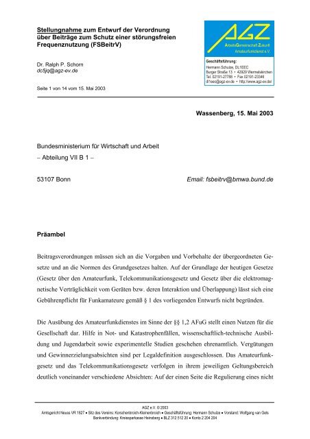 Stellungnahme zum Entwurf der Verordnung Ã¼ber BeitrÃ¤ge ... - AGZ eV