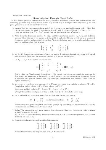 Linear Algebra: Example Sheet 2 of 4