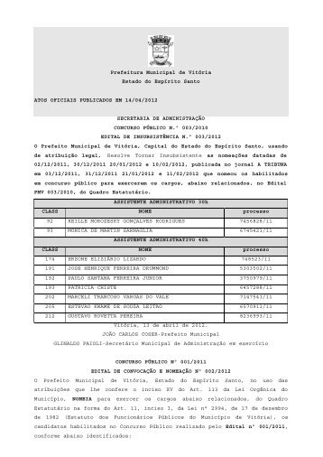 Atos Oficiais publicados em 14/04/2012 - Prefeitura de VitÃ³ria