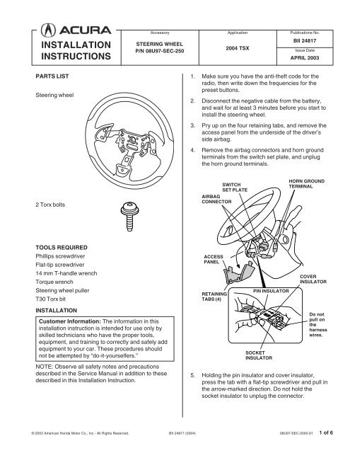 INSTALLATION INSTRUCTIONS - Bernardi Acura Parts & Accessories