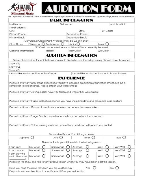 Audition Form Template HQ Printable Documents