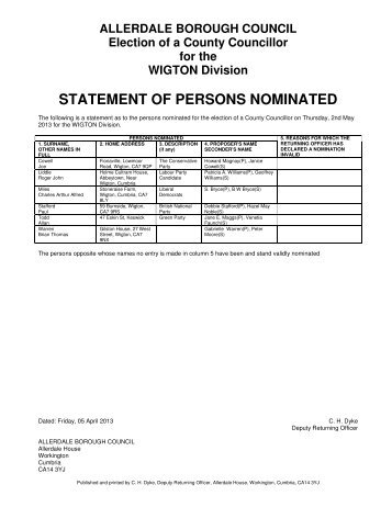 STATEMENT OF PERSONS NOMINATED - Allerdale Borough Council