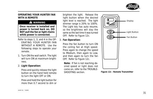 Installation and Operation Manual For Hunter Ceiling ... - Hunter Fan