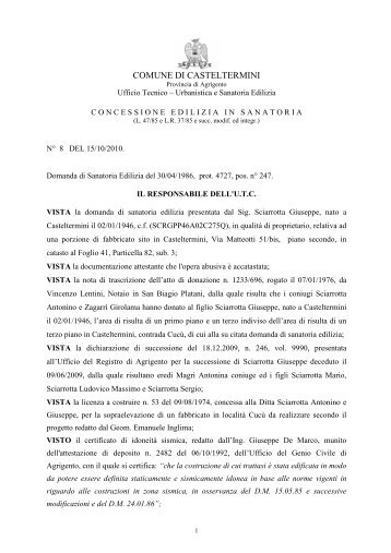 concessione edilizia in sanatoria n.8 del 15.10.2010 - Comune di ...