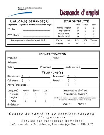 Formulaire de demande d'emploi - CSSS d'Argenteuil